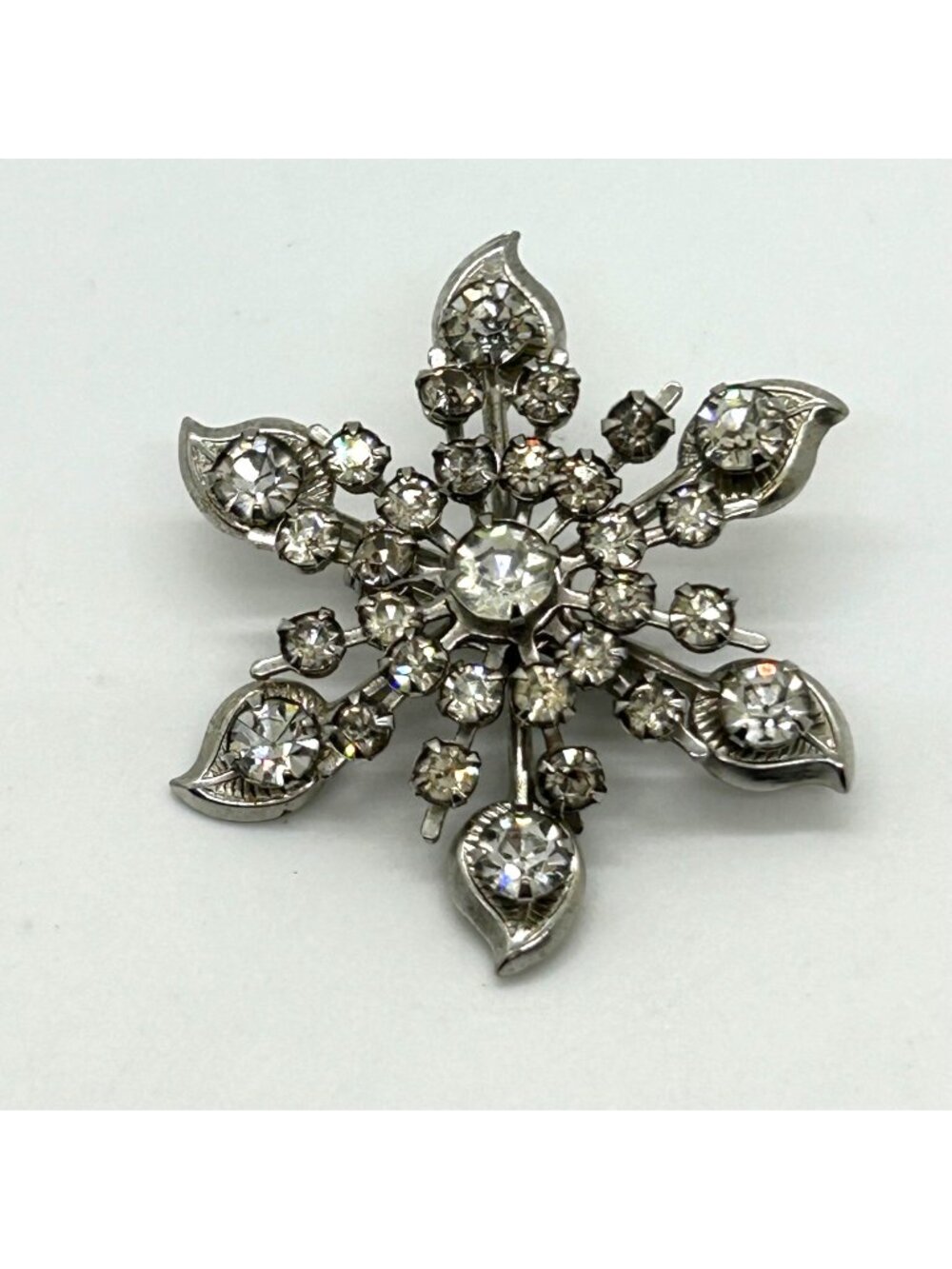 Vintage Rhinestone Snowflake Brooch Starburst Mid-Century Silver-Tone Rivet Set